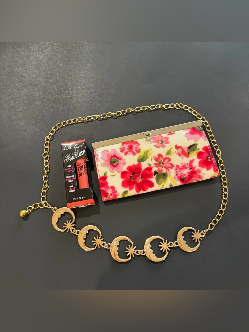 Floral Frame Clutch Pink Floral & gold chain belt & cream blush